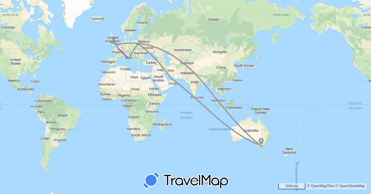 TravelMap itinerary: driving, bus, plane, train in United Arab Emirates, Australia, France, United Kingdom, Ireland, Italy, Poland, Singapore (Asia, Europe, Oceania)